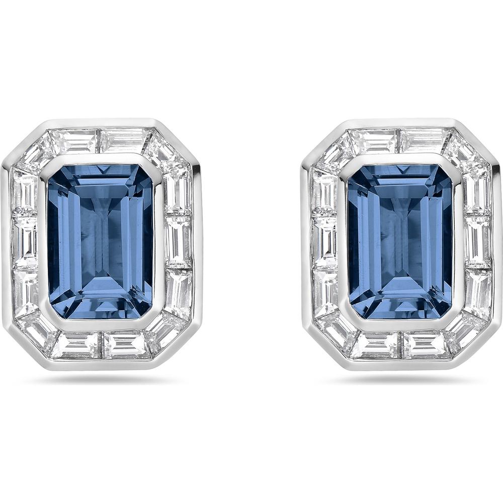 Emerald Cut London Blue Topaz and Diamond Step Frame Stud Earrings in 18K White Gold by Charles Krypell