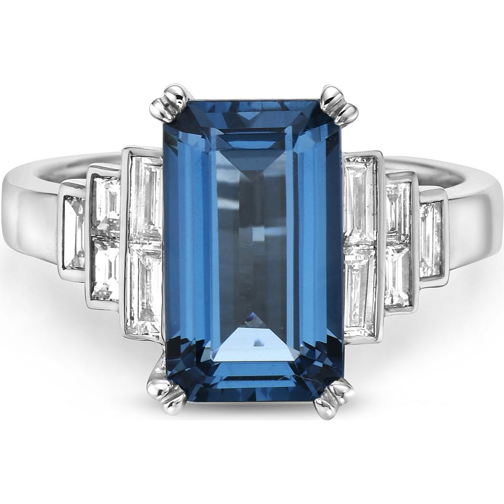 Emerald Cut London Blue Topaz and Diamond Step Ring in 18K White Gold by Charles Krypell