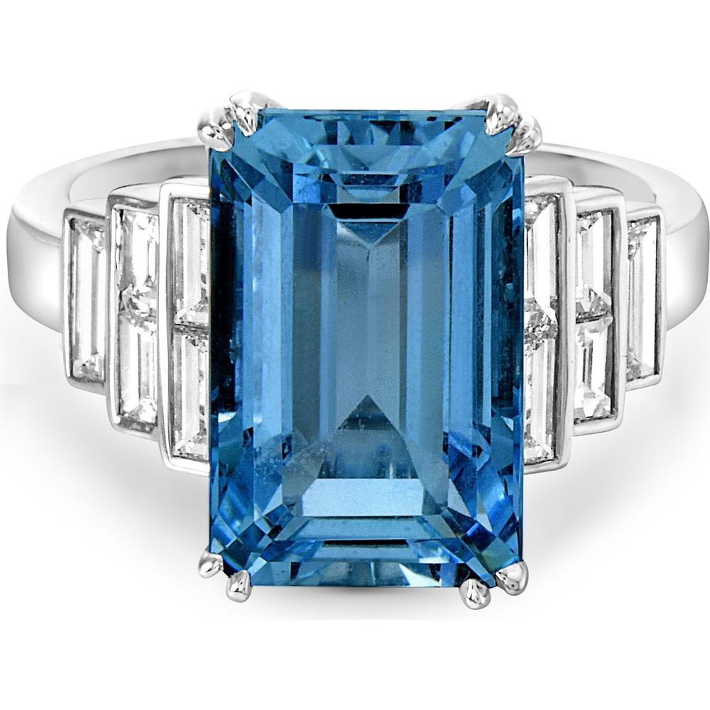 Emerald Cut London Blue Topaz and Diamond Step Ring in 18K White Gold by Charles Krypell