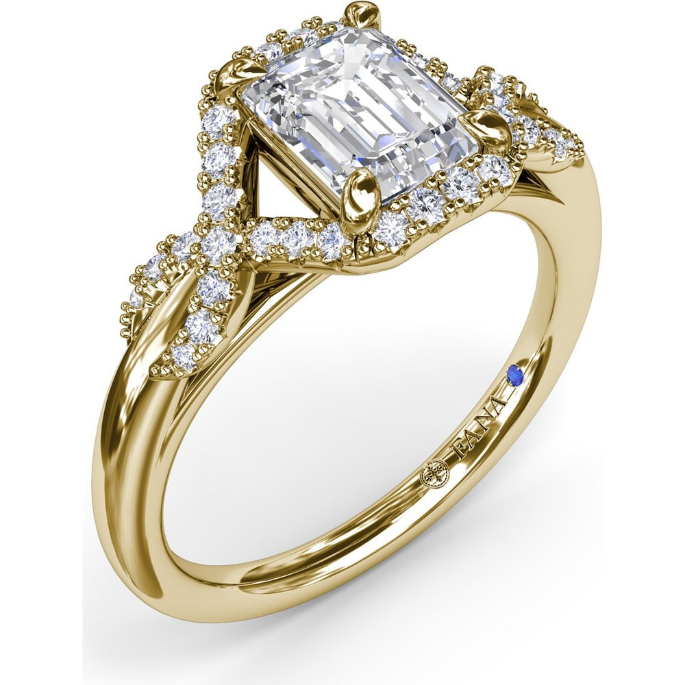 Emerald Cut Love Knot Engagement Ring Setting with Pavé Diamond Halo and Split Shank by Fana - 0.22 Carat Total Diamond Weight