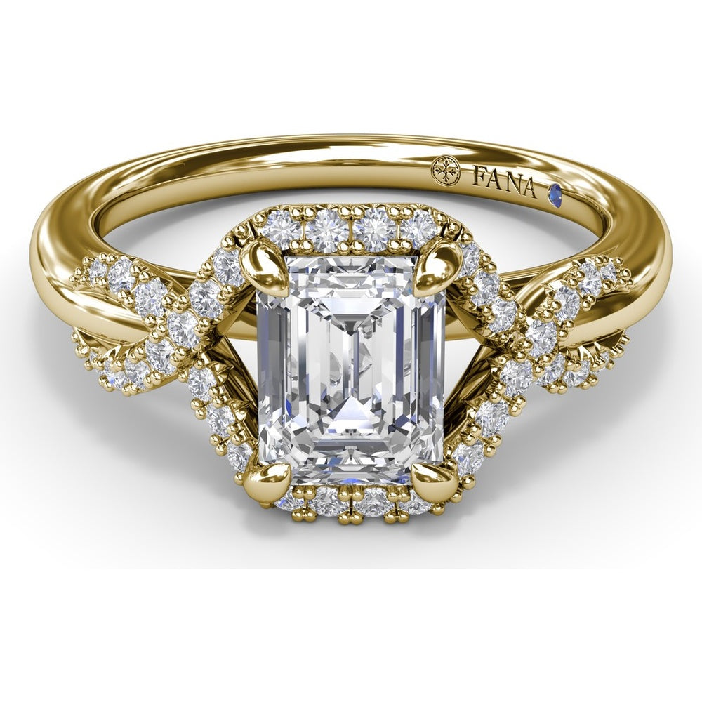 Emerald Cut Love Knot Engagement Ring Setting with Pavé Diamond Halo and Split Shank by Fana - 0.22 Carat Total Diamond Weight