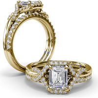 Emerald Cut Love Knot Engagement Ring Setting with Pavé Diamond Halo and Split Shank by Fana - 0.22 Carat Total Diamond Weight