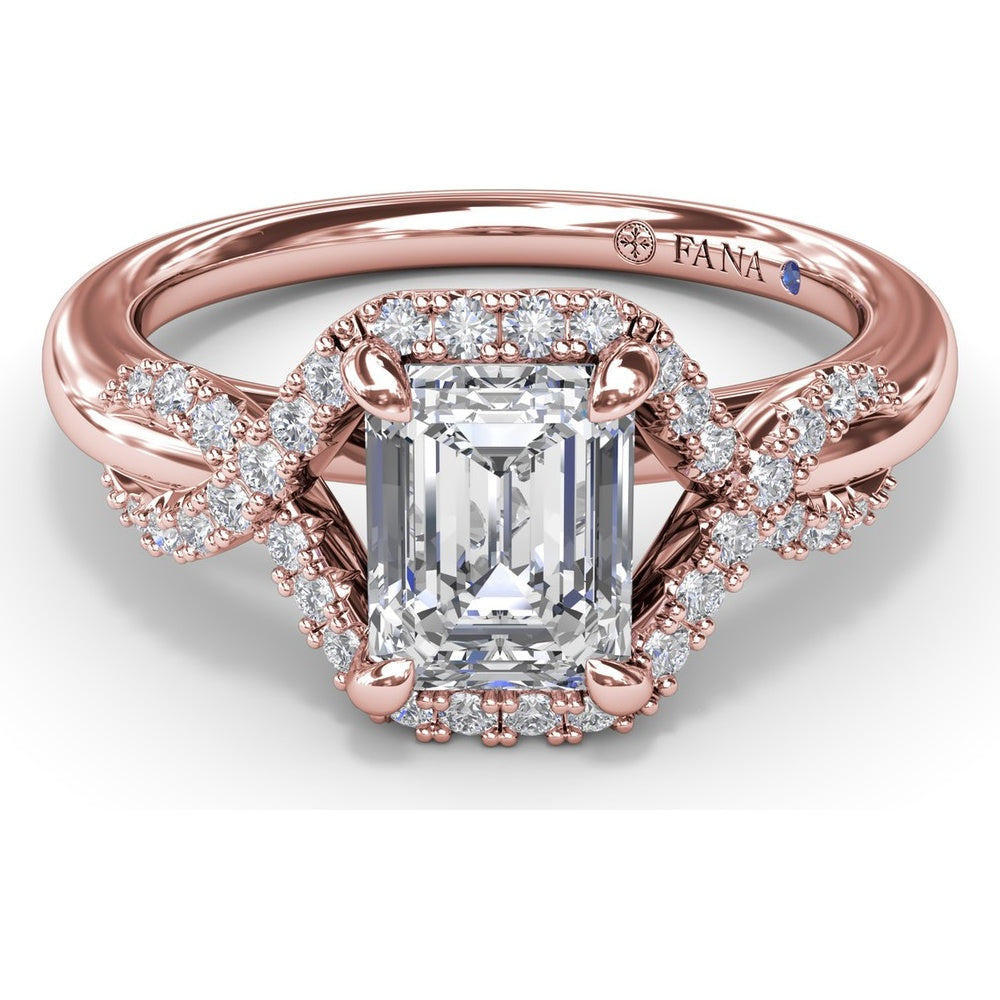 Emerald Cut Love Knot Engagement Ring Setting with Pavé Diamond Halo and Split Shank by Fana - 0.22 Carat Total Diamond Weight