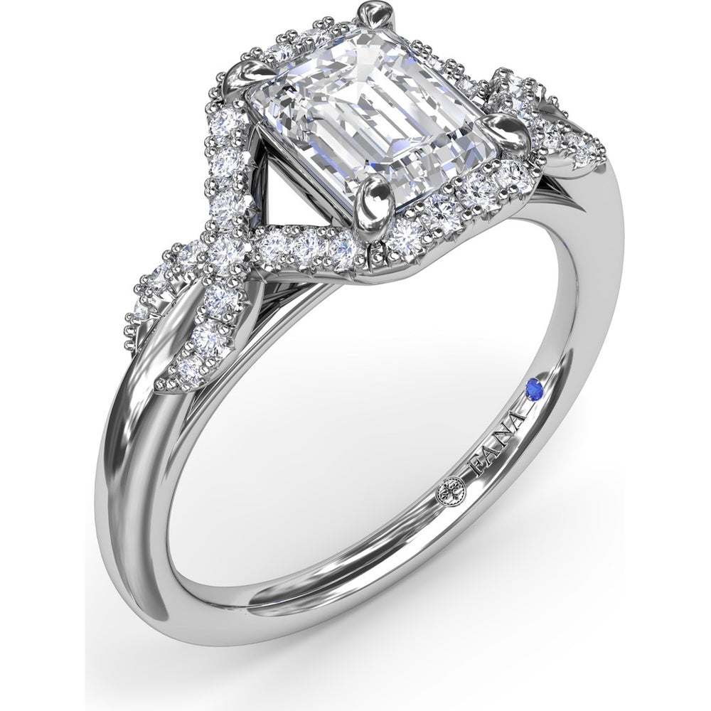 Emerald Cut Love Knot Engagement Ring Setting with Pavé Diamond Halo and Split Shank by Fana - 0.22 Carat Total Diamond Weight