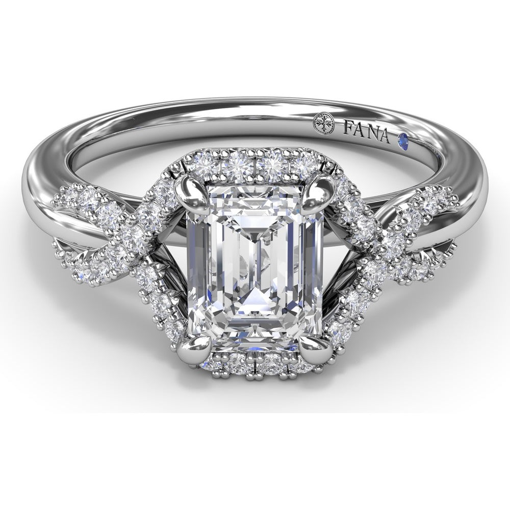 Emerald Cut Love Knot Engagement Ring Setting with Pavé Diamond Halo and Split Shank by Fana - 0.22 Carat Total Diamond Weight