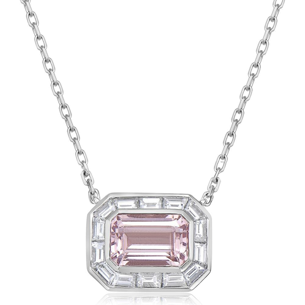 Emerald Cut Morganite and Diamond Frame Pendant Necklace in 18K White Gold by Charles Krypell