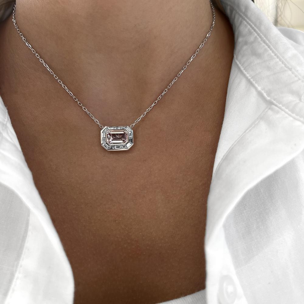 Emerald Cut Morganite and Diamond Frame Pendant Necklace in 18K White Gold by Charles Krypell