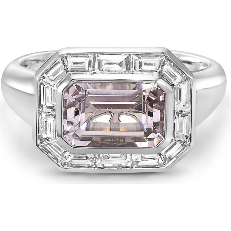 Emerald Cut Morganite and Diamond Frame Ring in 18K White Gold by Charles Krypell
