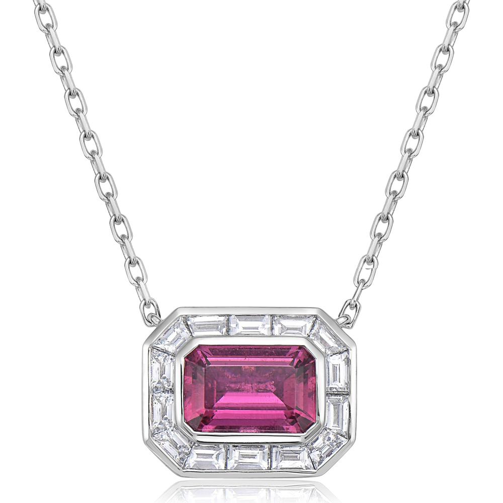 Emerald Cut Rubellite and Diamond Frame Pendant Necklace in 18K White Gold by Charles Krypell