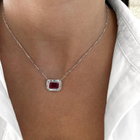Emerald Cut Rubellite and Diamond Frame Pendant Necklace in 18K White Gold by Charles Krypell