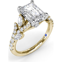 Emerald Cut Vine-Inspired Semi-Mount Engagement Ring Setting with Marquise and Round Diamonds by Fana - 0.77 Carat Total Diamond Weight