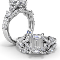 Emerald Cut Vine-Inspired Semi-Mount Engagement Ring Setting with Marquise and Round Diamonds by Fana - 0.77 Carat Total Diamond Weight
