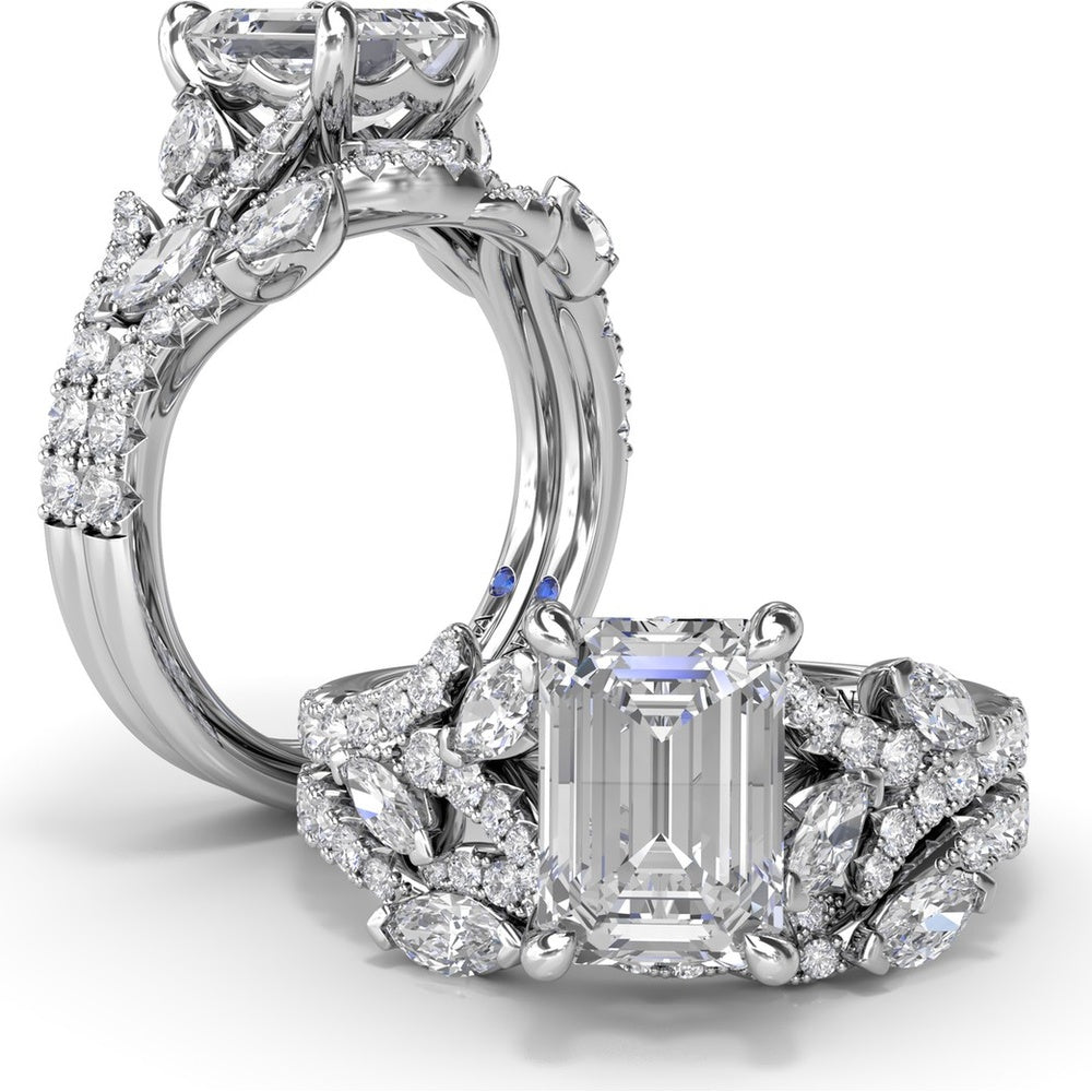 Emerald Cut Vine-Inspired Semi-Mount Engagement Ring Setting with Marquise and Round Diamonds by Fana - 0.77 Carat Total Diamond Weight