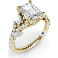 Emerald Cut Vine-Inspired Semi-Mount Engagement Ring Setting with Marquise and Round Diamonds by Fana - 0.77 Carat Total Diamond Weight