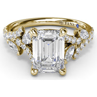 Emerald Cut Vine-Inspired Semi-Mount Engagement Ring Setting with Marquise and Round Diamonds by Fana - 0.77 Carat Total Diamond Weight