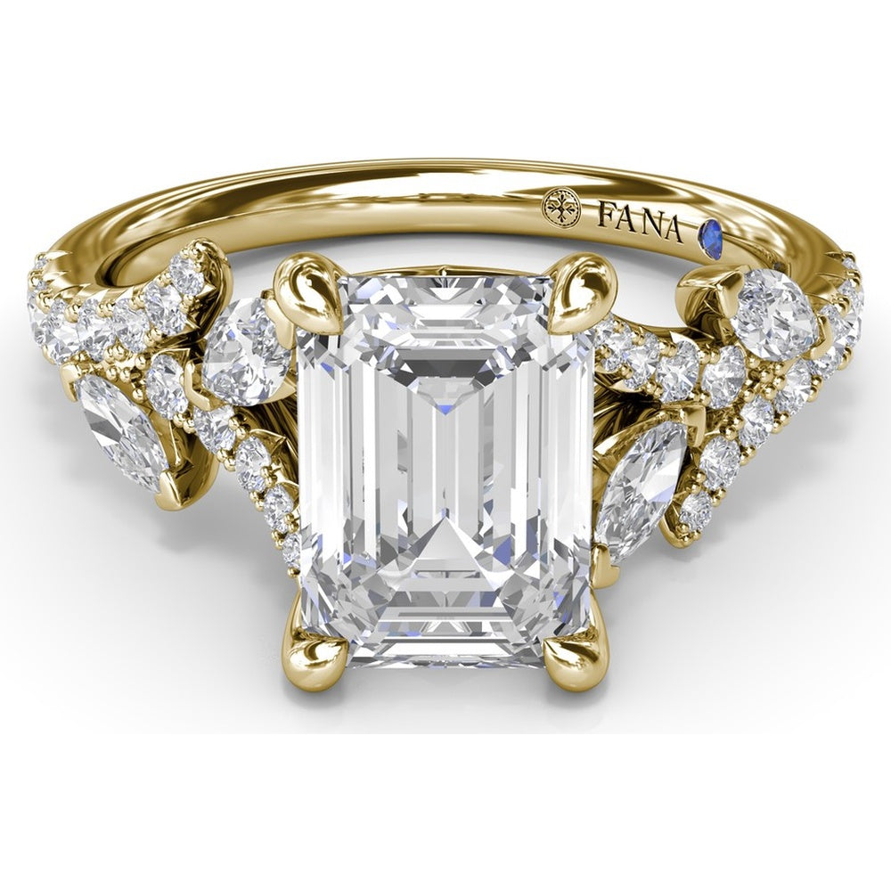 Emerald Cut Vine-Inspired Semi-Mount Engagement Ring Setting with Marquise and Round Diamonds by Fana - 0.77 Carat Total Diamond Weight