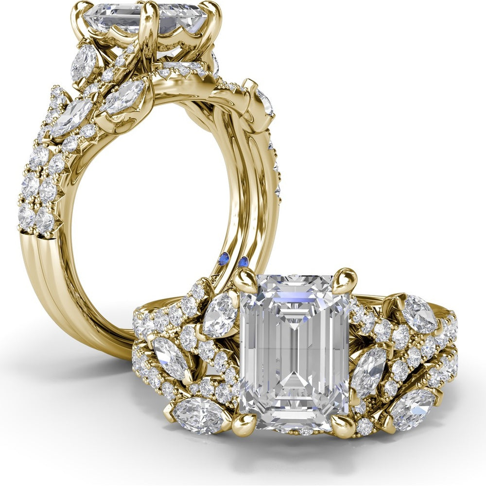 Emerald Cut Vine-Inspired Semi-Mount Engagement Ring Setting with Marquise and Round Diamonds by Fana - 0.77 Carat Total Diamond Weight
