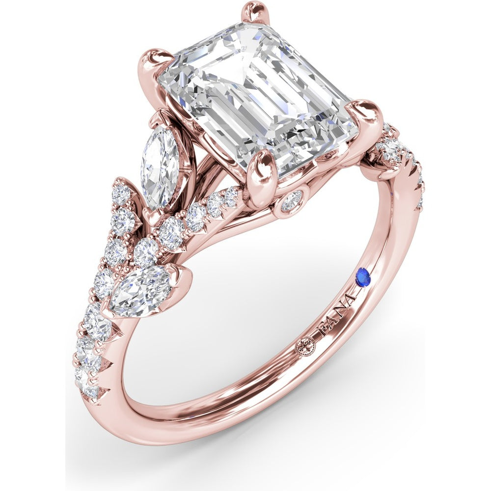 Emerald Cut Vine-Inspired Semi-Mount Engagement Ring Setting with Marquise and Round Diamonds by Fana - 0.77 Carat Total Diamond Weight