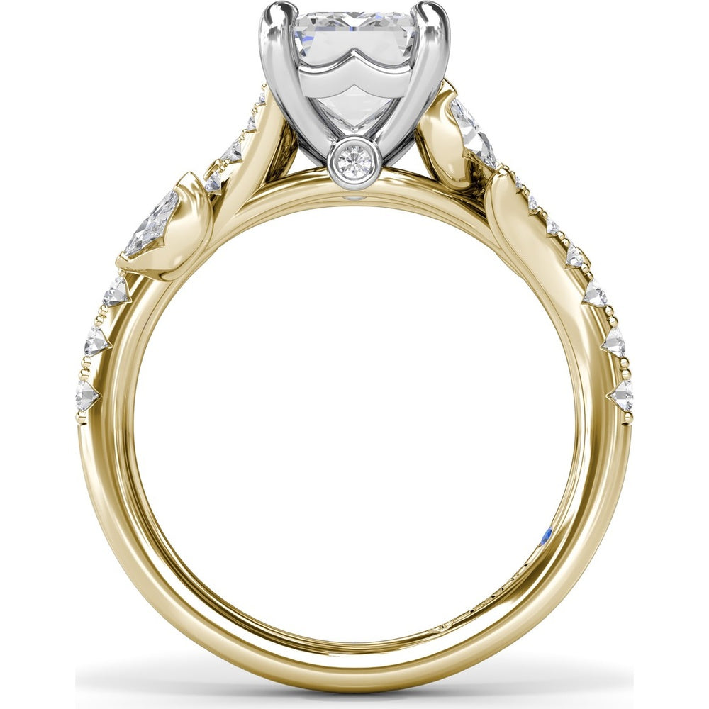 Emerald Cut Vine-Inspired Semi-Mount Engagement Ring Setting with Marquise and Round Diamonds by Fana - 0.77 Carat Total Diamond Weight