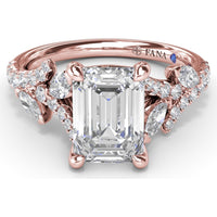 Emerald Cut Vine-Inspired Semi-Mount Engagement Ring Setting with Marquise and Round Diamonds by Fana - 0.77 Carat Total Diamond Weight