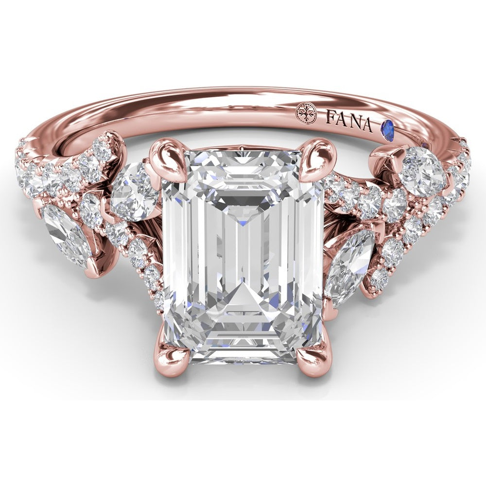 Emerald Cut Vine-Inspired Semi-Mount Engagement Ring Setting with Marquise and Round Diamonds by Fana - 0.77 Carat Total Diamond Weight