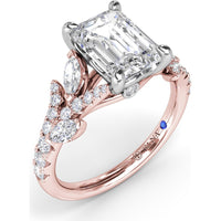 Emerald Cut Vine-Inspired Semi-Mount Engagement Ring Setting with Marquise and Round Diamonds by Fana - 0.77 Carat Total Diamond Weight