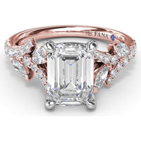 Emerald Cut Vine-Inspired Semi-Mount Engagement Ring Setting with Marquise and Round Diamonds by Fana - 0.77 Carat Total Diamond Weight