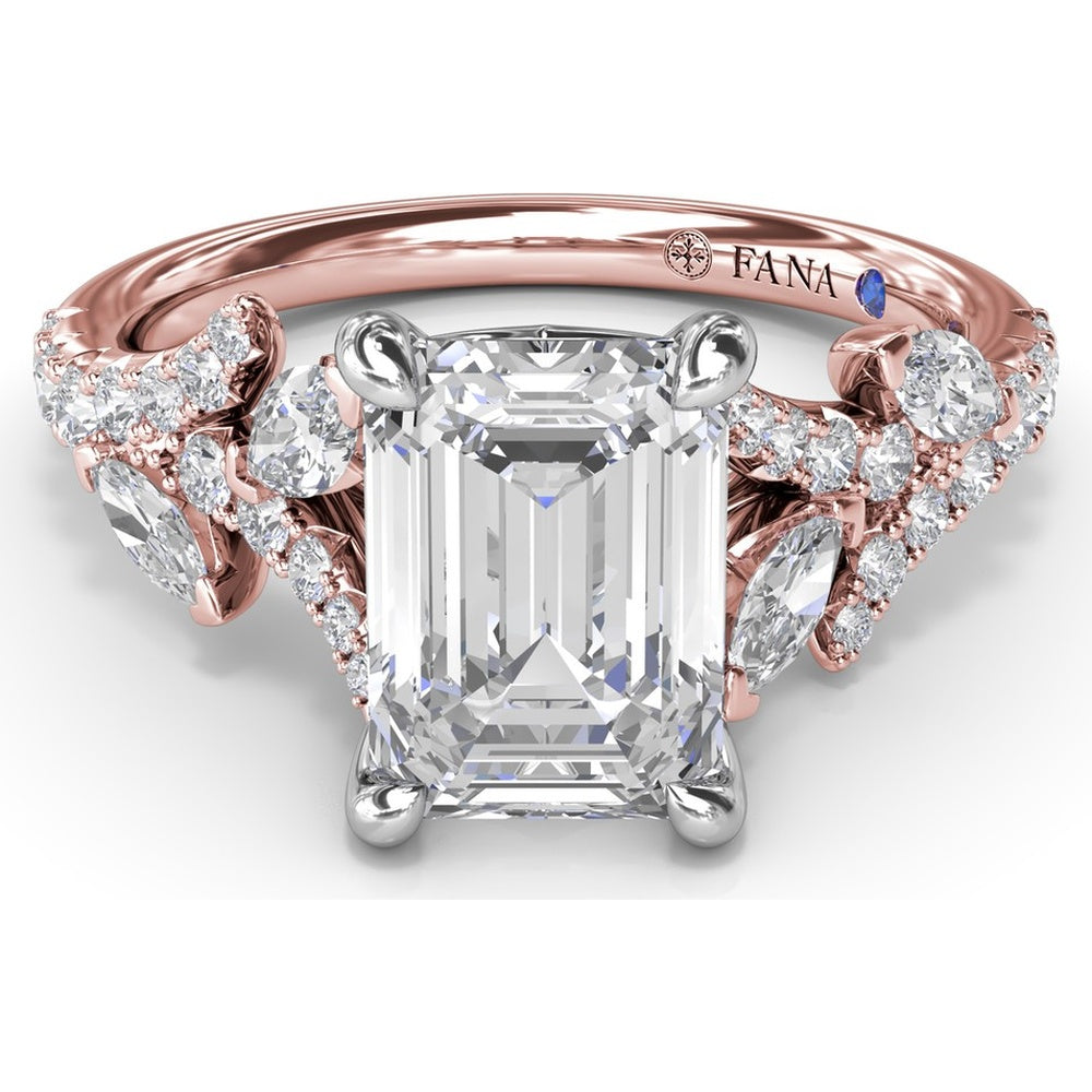 Emerald Cut Vine-Inspired Semi-Mount Engagement Ring Setting with Marquise and Round Diamonds by Fana - 0.77 Carat Total Diamond Weight