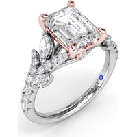 Emerald Cut Vine-Inspired Semi-Mount Engagement Ring Setting with Marquise and Round Diamonds by Fana - 0.77 Carat Total Diamond Weight
