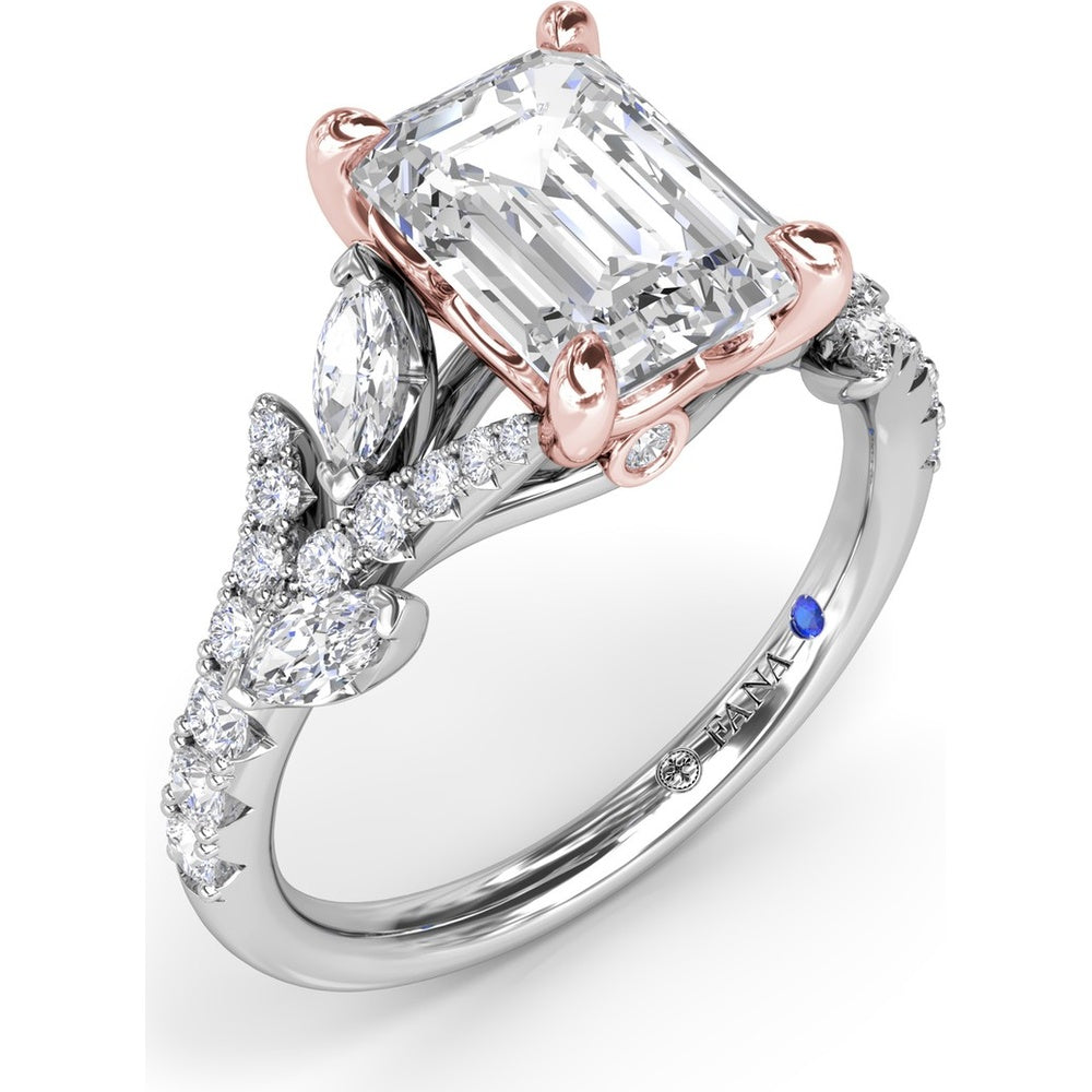 Emerald Cut Vine-Inspired Semi-Mount Engagement Ring Setting with Marquise and Round Diamonds by Fana - 0.77 Carat Total Diamond Weight