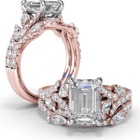 Emerald Cut Vine-Inspired Semi-Mount Engagement Ring Setting with Marquise and Round Diamonds by Fana - 0.77 Carat Total Diamond Weight
