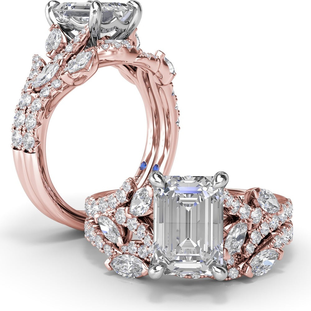 Emerald Cut Vine-Inspired Semi-Mount Engagement Ring Setting with Marquise and Round Diamonds by Fana - 0.77 Carat Total Diamond Weight