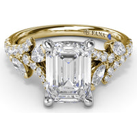 Emerald Cut Vine-Inspired Semi-Mount Engagement Ring Setting with Marquise and Round Diamonds by Fana - 0.77 Carat Total Diamond Weight