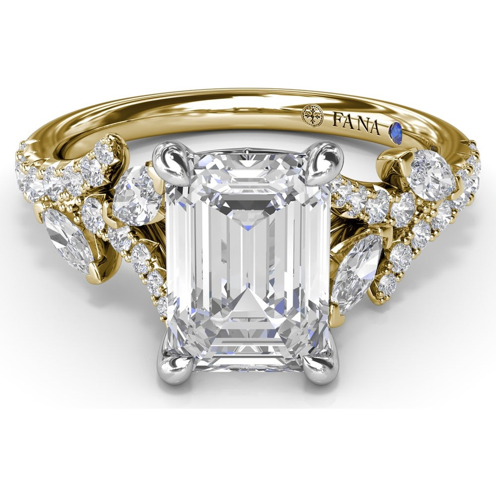 Emerald Cut Vine-Inspired Semi-Mount Engagement Ring Setting with Marquise and Round Diamonds by Fana - 0.77 Carat Total Diamond Weight
