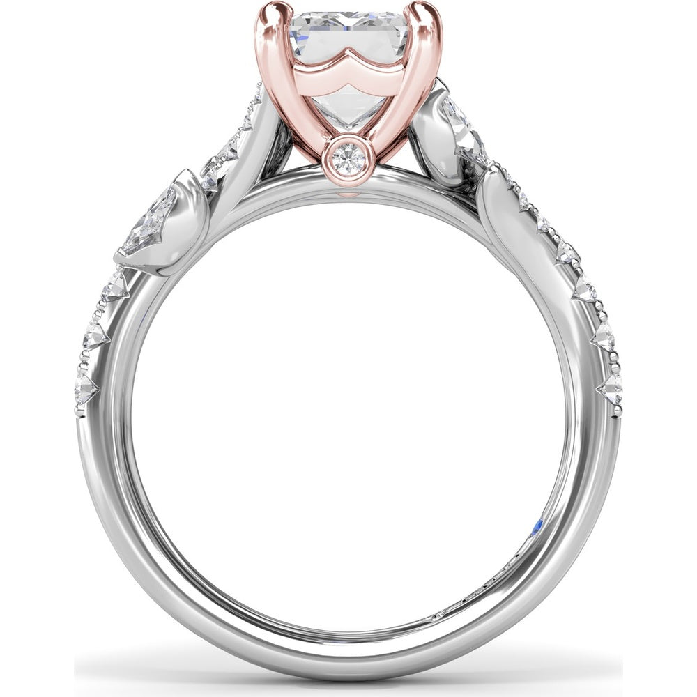 Emerald Cut Vine-Inspired Semi-Mount Engagement Ring Setting with Marquise and Round Diamonds by Fana - 0.77 Carat Total Diamond Weight