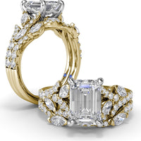 Emerald Cut Vine-Inspired Semi-Mount Engagement Ring Setting with Marquise and Round Diamonds by Fana - 0.77 Carat Total Diamond Weight