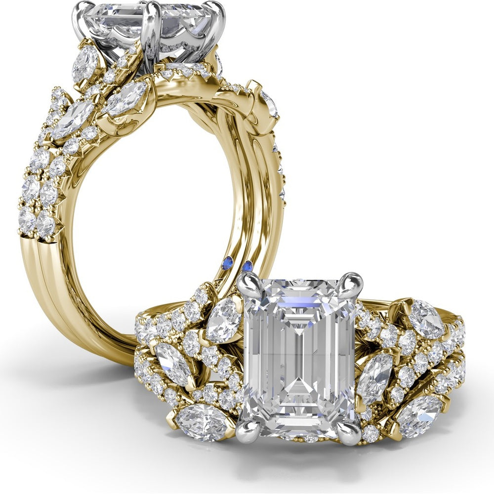 Emerald Cut Vine-Inspired Semi-Mount Engagement Ring Setting with Marquise and Round Diamonds by Fana - 0.77 Carat Total Diamond Weight