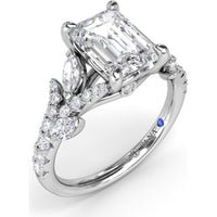 Emerald Cut Vine-Inspired Semi-Mount Engagement Ring Setting with Marquise and Round Diamonds by Fana - 0.77 Carat Total Diamond Weight