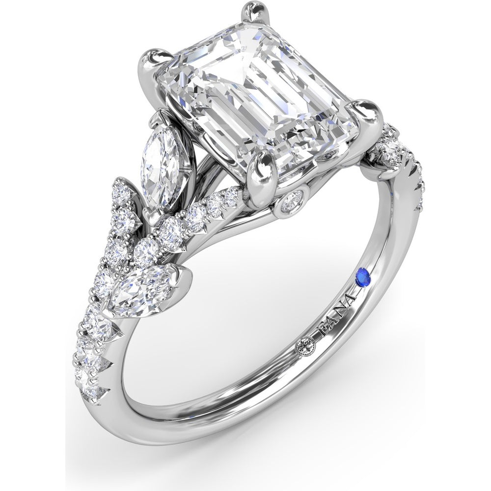 Emerald Cut Vine-Inspired Semi-Mount Engagement Ring Setting with Marquise and Round Diamonds by Fana - 0.77 Carat Total Diamond Weight