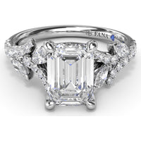 Emerald Cut Vine-Inspired Semi-Mount Engagement Ring Setting with Marquise and Round Diamonds by Fana - 0.77 Carat Total Diamond Weight
