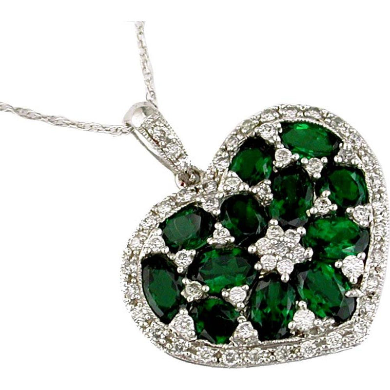 Enchanting 14K White Gold Diamond & Green Garnet Heart Pendant