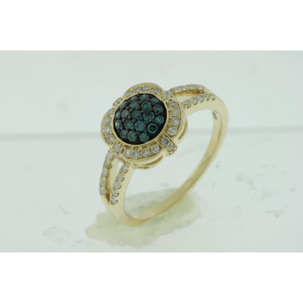 Enchanting 14K Yellow Gold Blue and White Diamond Halo Ring