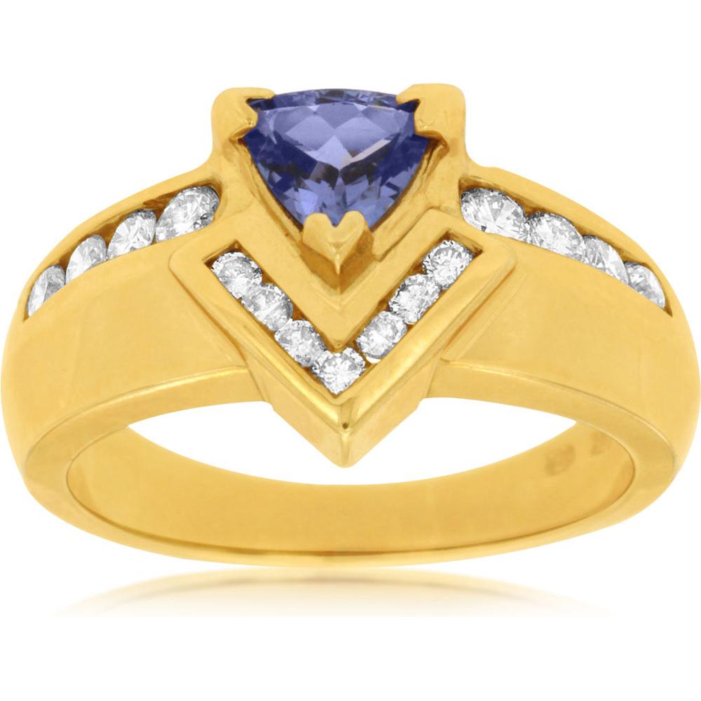 Enchanting 14K Yellow Gold Tanzanite and Diamond Trillion Ring