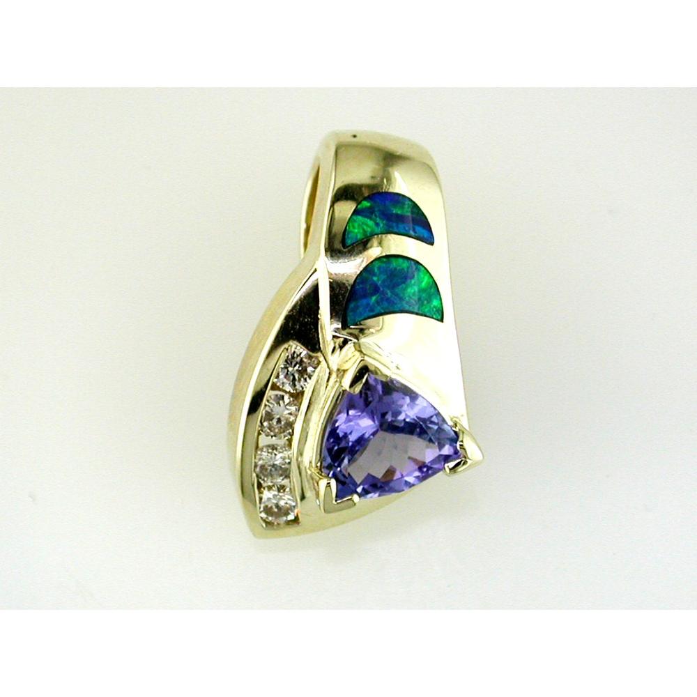 Enchanting 14K Yellow Gold Tanzanite & Opal Pendant with Diamond Accents