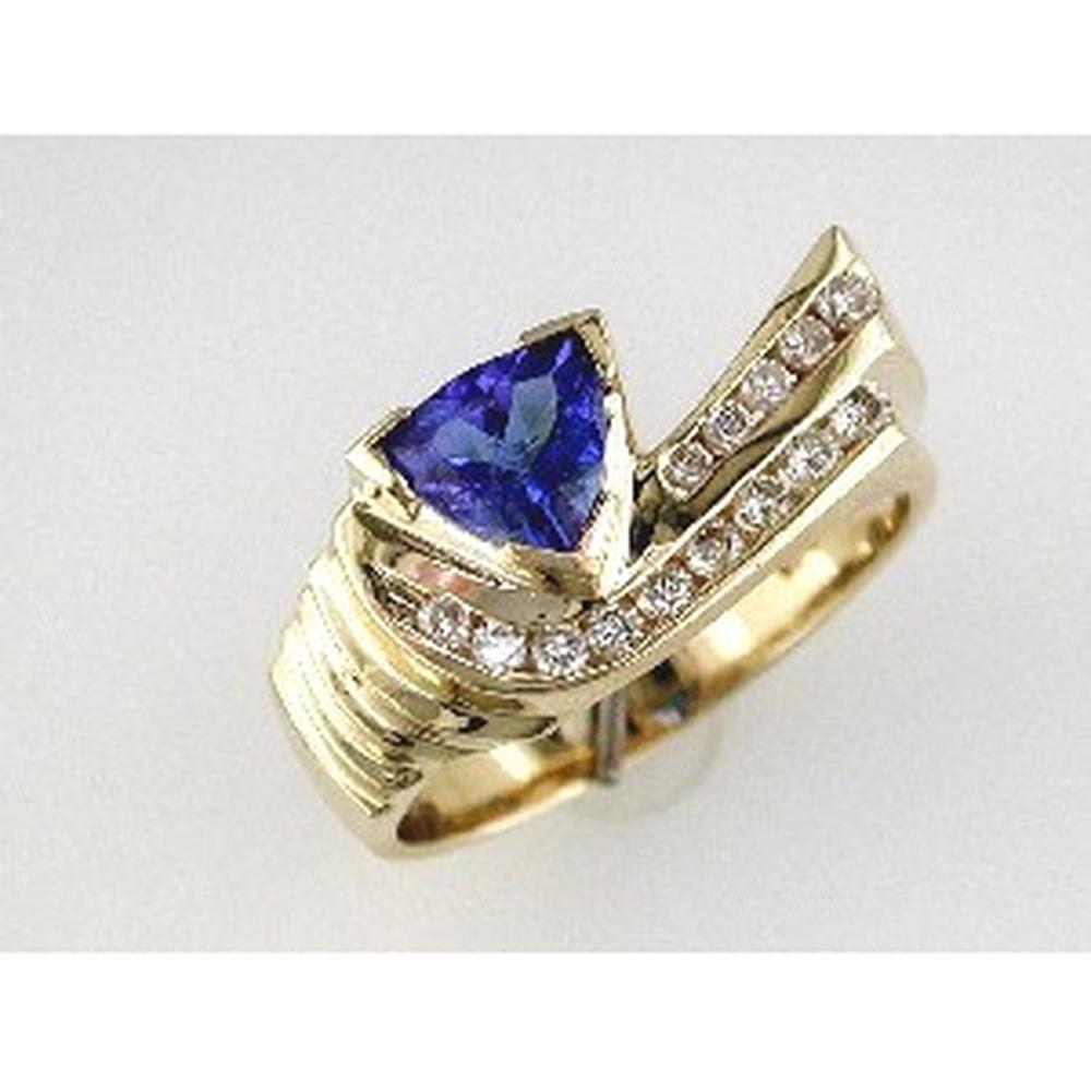 Enchanting 14K Yellow Gold Tanzanite Trillion Ring with Round Diamond Accents