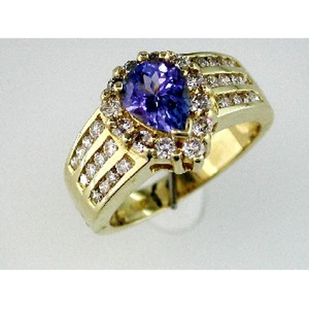 Enchanting Royal 14K Yellow Gold Tanzanite & Diamond Ring - 1.10 Carat Pear Shape Tanzanite, 1.00 Carat Round Diamonds