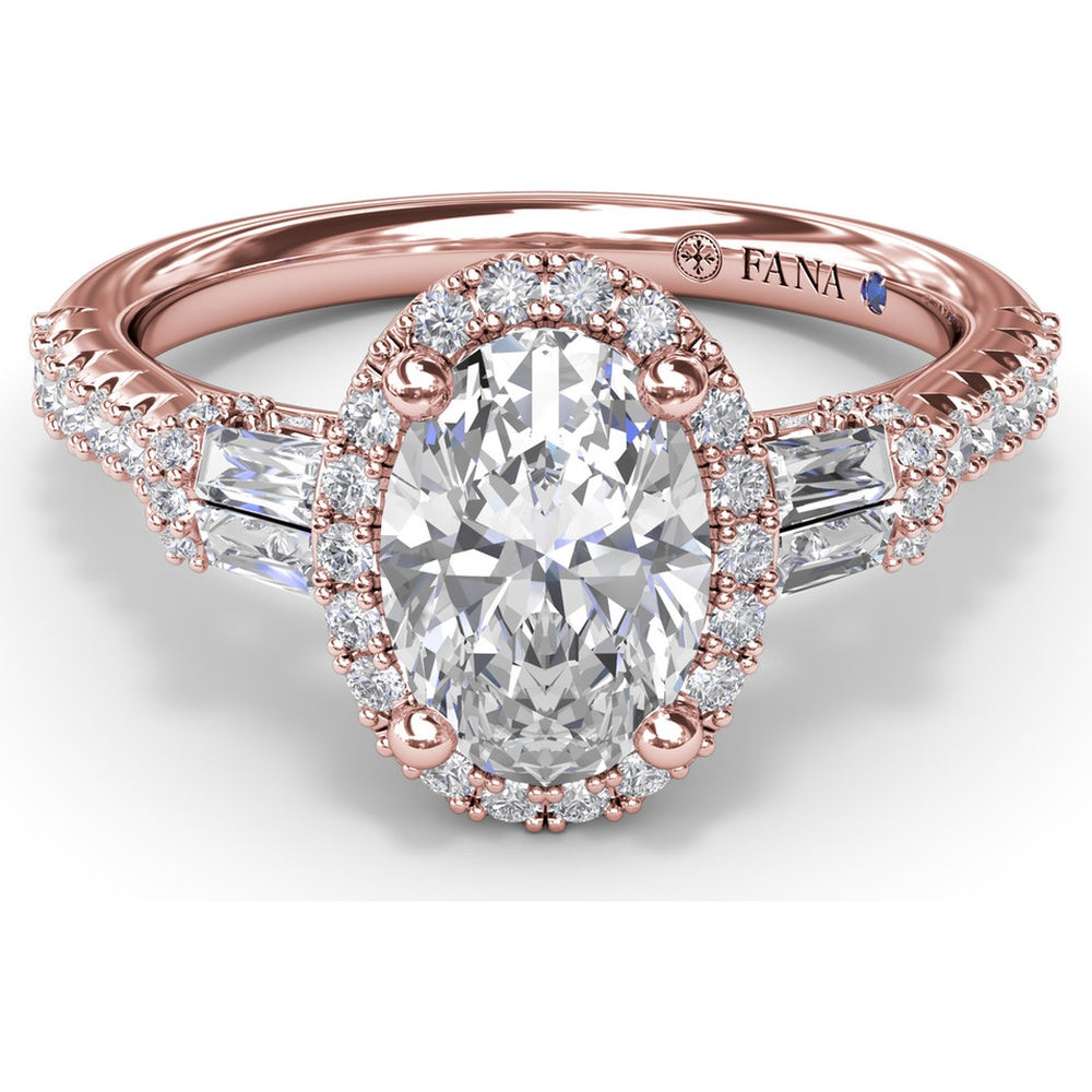 Engagement Ring Setting with Diamond Halo and Tapered Baguettes by Fana - 0.53 Carat Total Diamond Weight