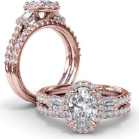 Engagement Ring Setting with Diamond Halo and Tapered Baguettes by Fana - 0.53 Carat Total Diamond Weight