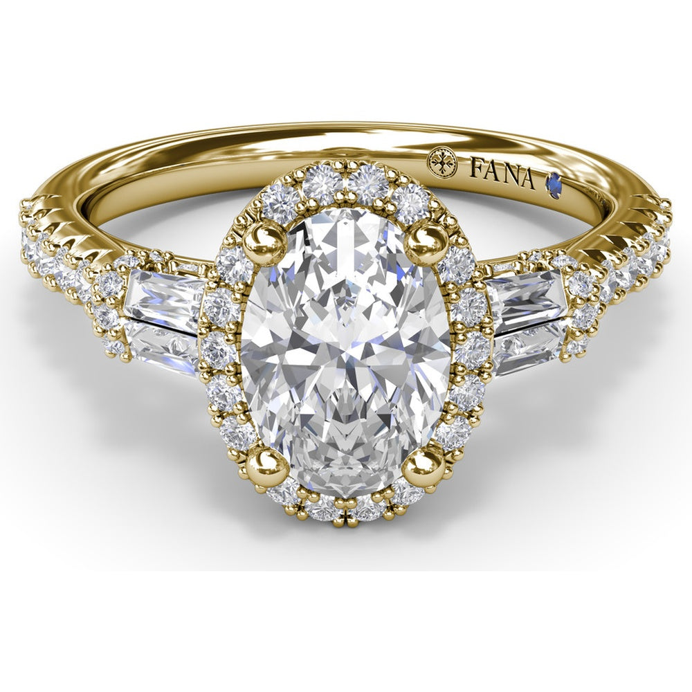 Engagement Ring Setting with Diamond Halo and Tapered Baguettes by Fana - 0.53 Carat Total Diamond Weight