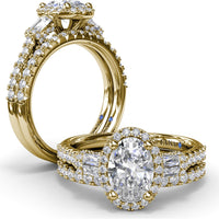 Engagement Ring Setting with Diamond Halo and Tapered Baguettes by Fana - 0.53 Carat Total Diamond Weight